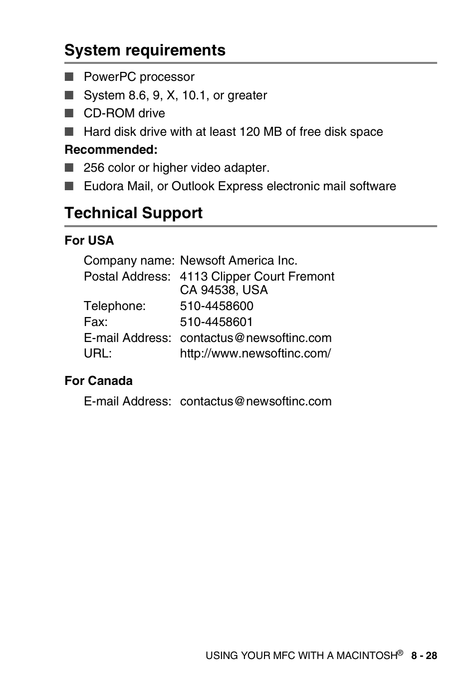 System requirements, Technical support, Technical support -28 | Mfc remote setup (mac os, X) -29 | Brother MFC 8220 User Manual | Page 179 / 198