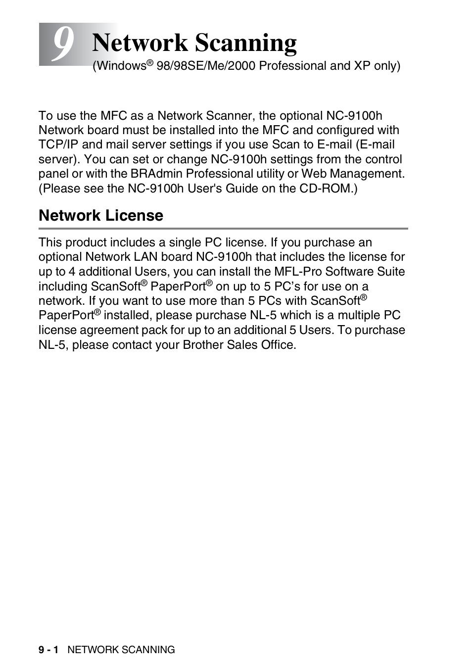 9 network scanning, Network license, Network scanning -1 | Network scanning | Brother MFC 8220 User Manual | Page 182 / 198