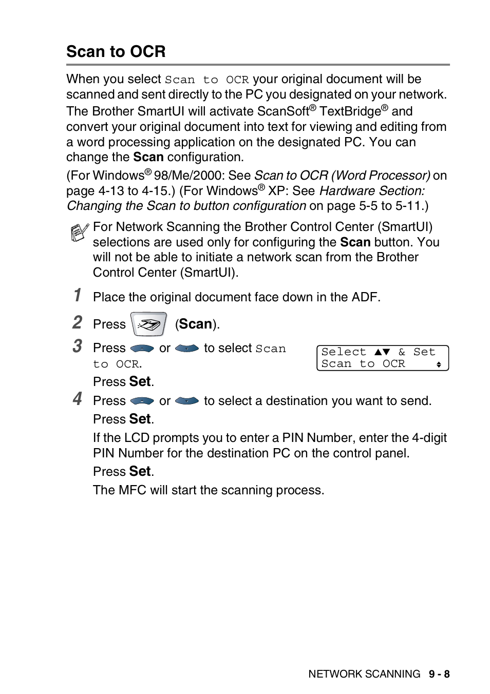 Scan to ocr, Scan to file -9 | Brother MFC 8220 User Manual | Page 189 / 198