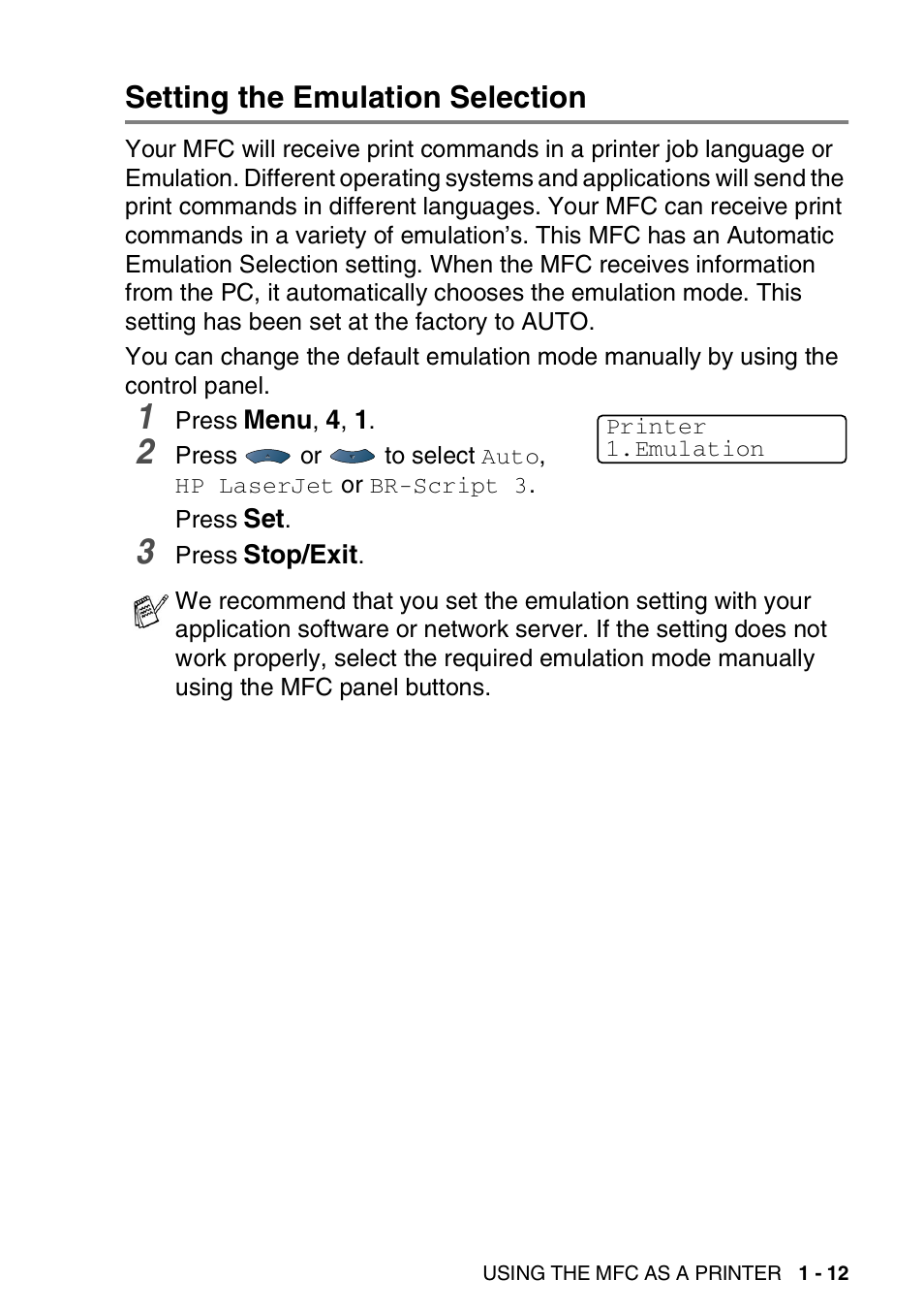 Setting the emulation selection, Setting the emulation selection -12 | Brother MFC 8220 User Manual | Page 19 / 198