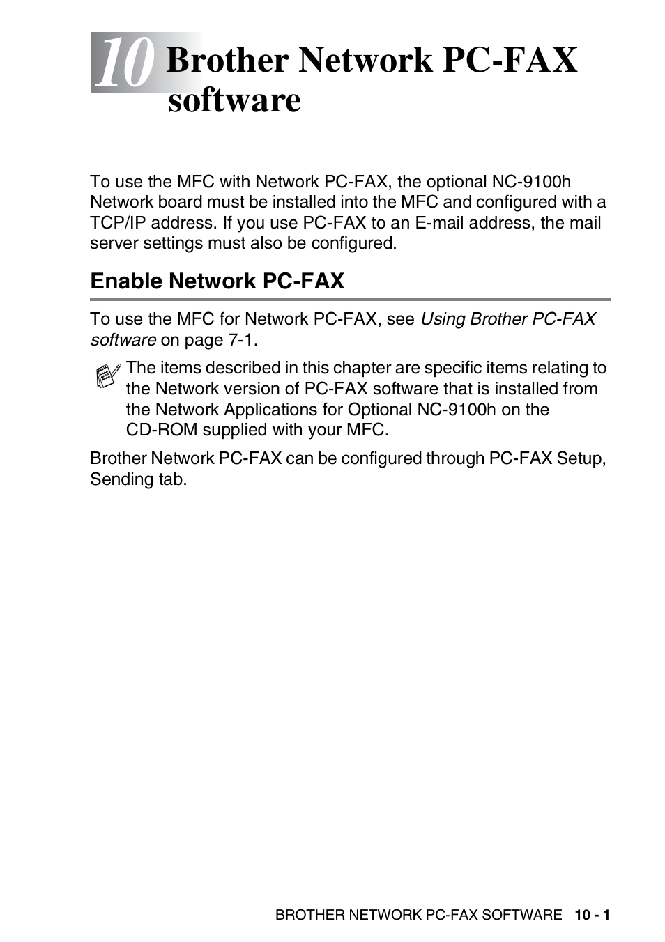 10 brother network pc-fax software, Enable network pc-fax, Brother network pc-fax software -1 | Enable network pc-fax -1, Sending setup -2, Brother network pc-fax software | Brother MFC 8220 User Manual | Page 191 / 198