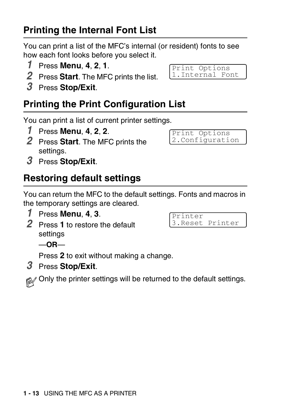 Printing the internal font list, Printing the print configuration list, Restoring default settings | Brother MFC 8220 User Manual | Page 20 / 198