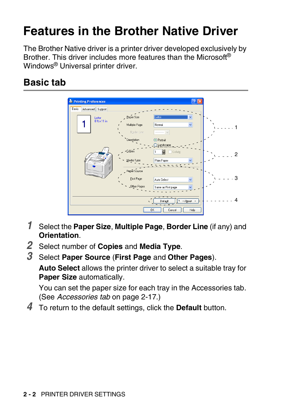 Features in the brother native driver, Basic tab, Features in the brother native driver -2 | Basic tab -2 | Brother MFC 8220 User Manual | Page 22 / 198