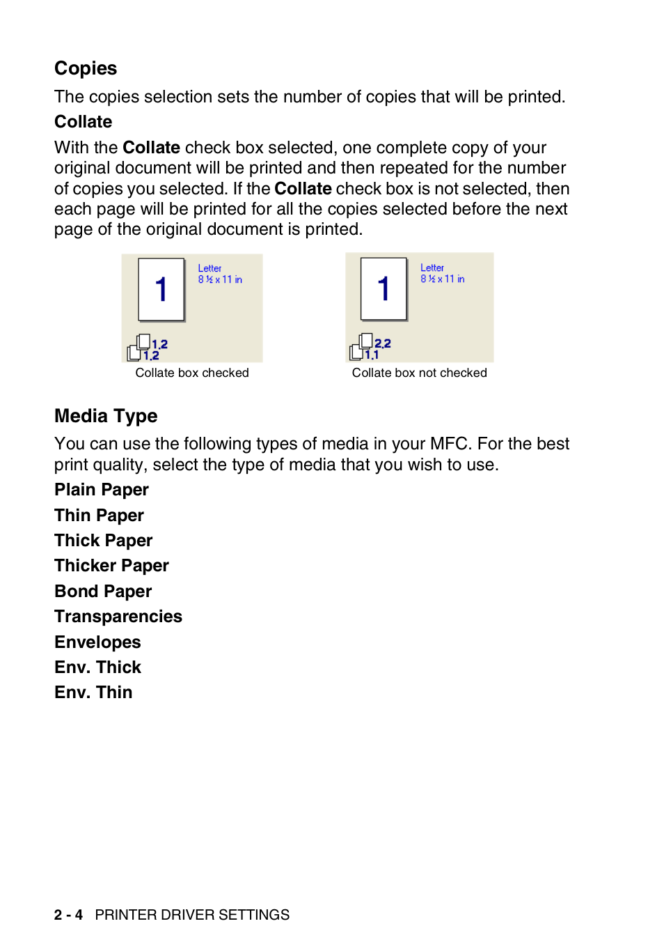 Copies, Media type, Copies -4 media type -4 | Brother MFC 8220 User Manual | Page 24 / 198