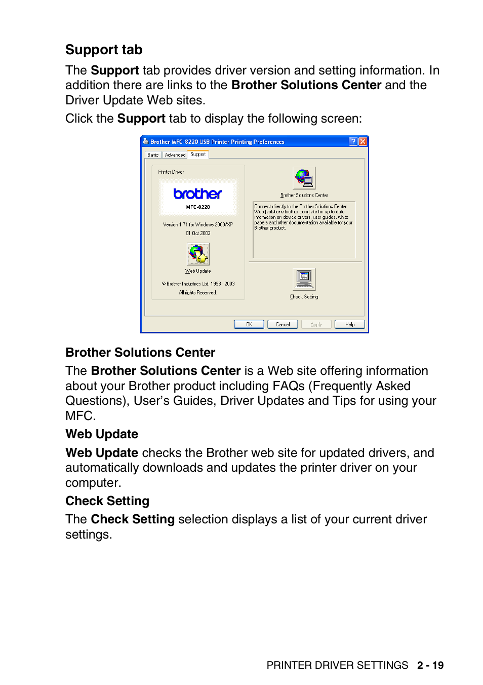Support tab, Support tab -19 | Brother MFC 8220 User Manual | Page 39 / 198