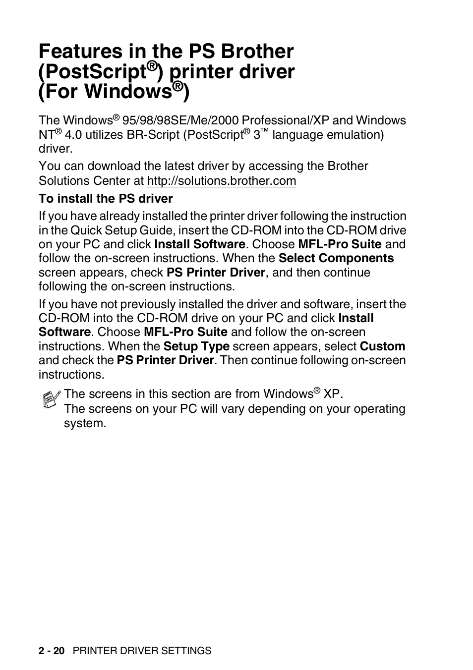 Features in the ps brother (postscript, Printer driver, For windows | Printer driver (for windows | Brother MFC 8220 User Manual | Page 40 / 198