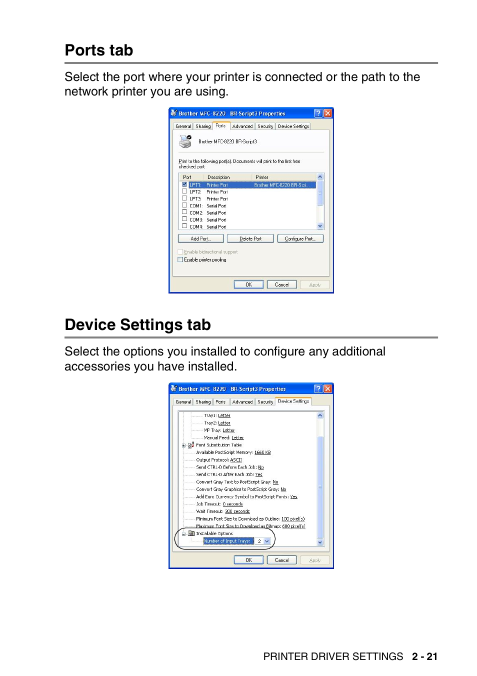 Ports tab, Device settings tab, Ports tab -21 | Device settings tab -21 | Brother MFC 8220 User Manual | Page 41 / 198