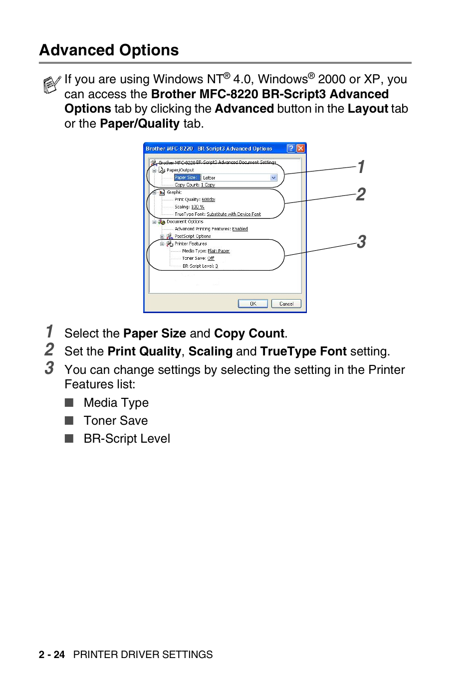 Advanced options, Advanced options -24 | Brother MFC 8220 User Manual | Page 44 / 198