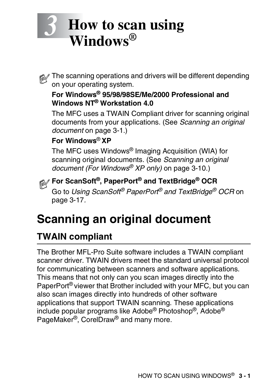 3 how to scan using windows, Scanning an original document, Twain compliant | How to scan using windows, Scanning an original document -1, Twain compliant -1 | Brother MFC 8220 User Manual | Page 45 / 198