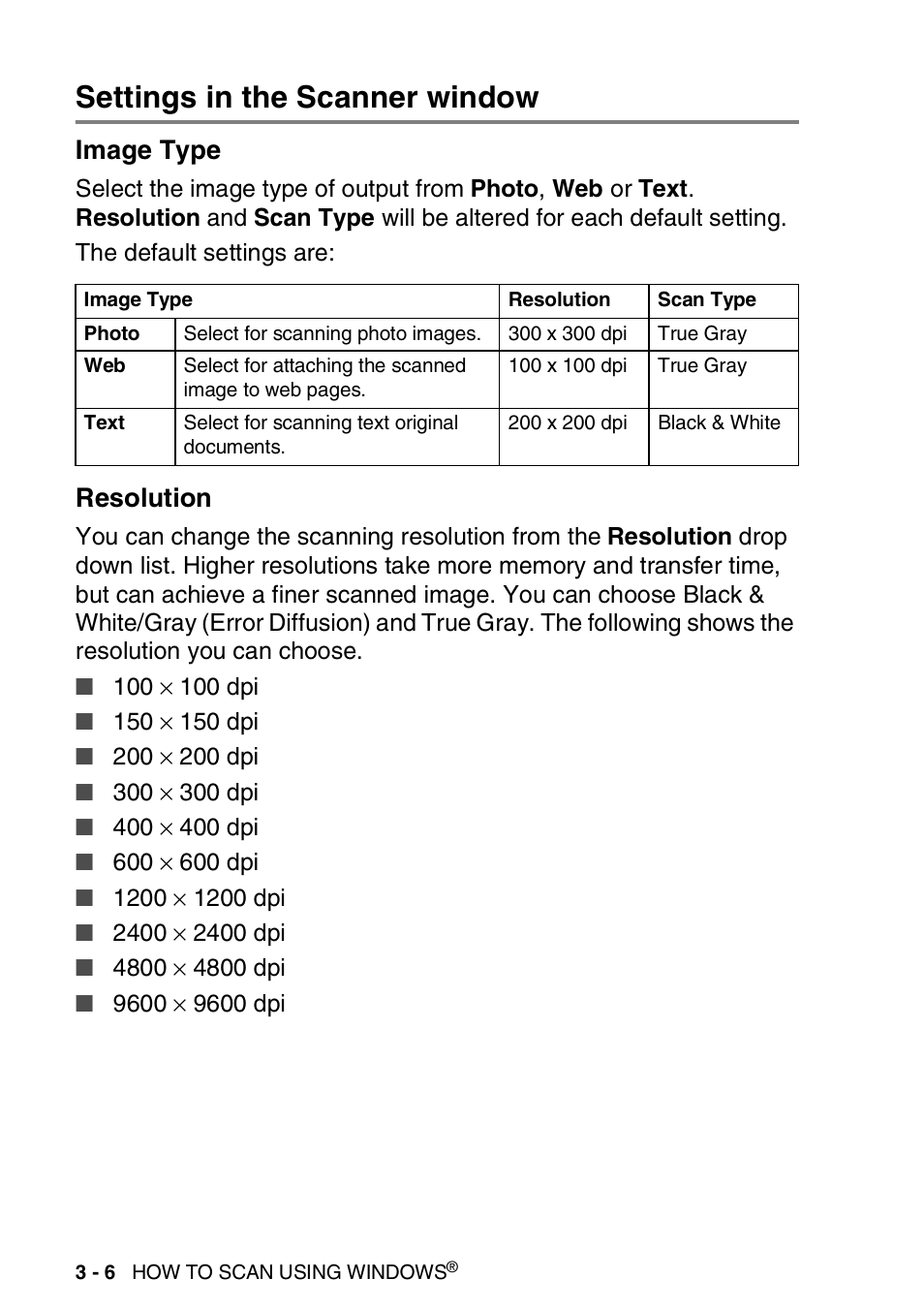 Settings in the scanner window, Image type, Resolution | Settings in the scanner window -6, Image type -6 resolution -6 | Brother MFC 8220 User Manual | Page 50 / 198