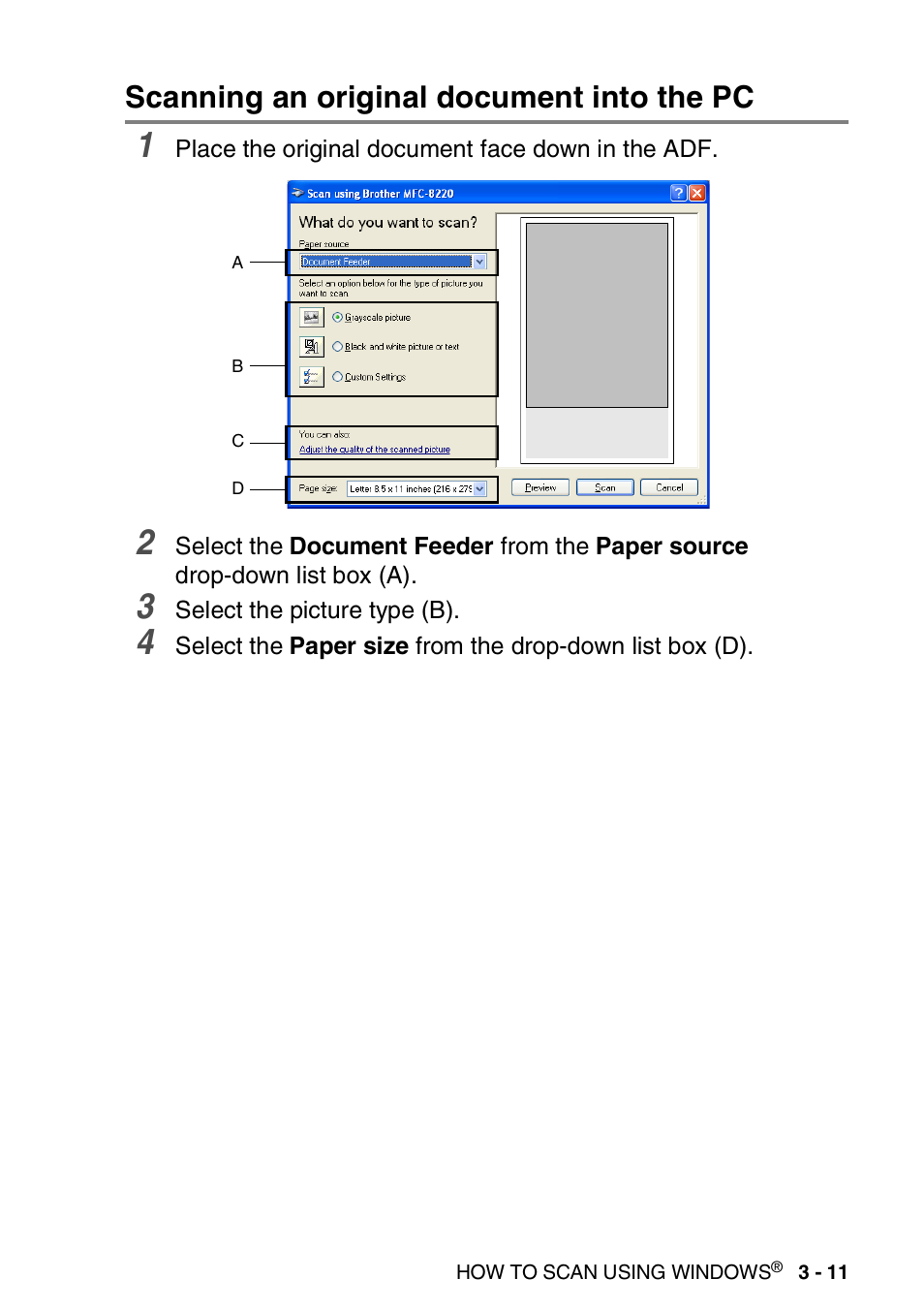 Scanning an original document into the pc, Scanning an original document into the pc -11 | Brother MFC 8220 User Manual | Page 55 / 198