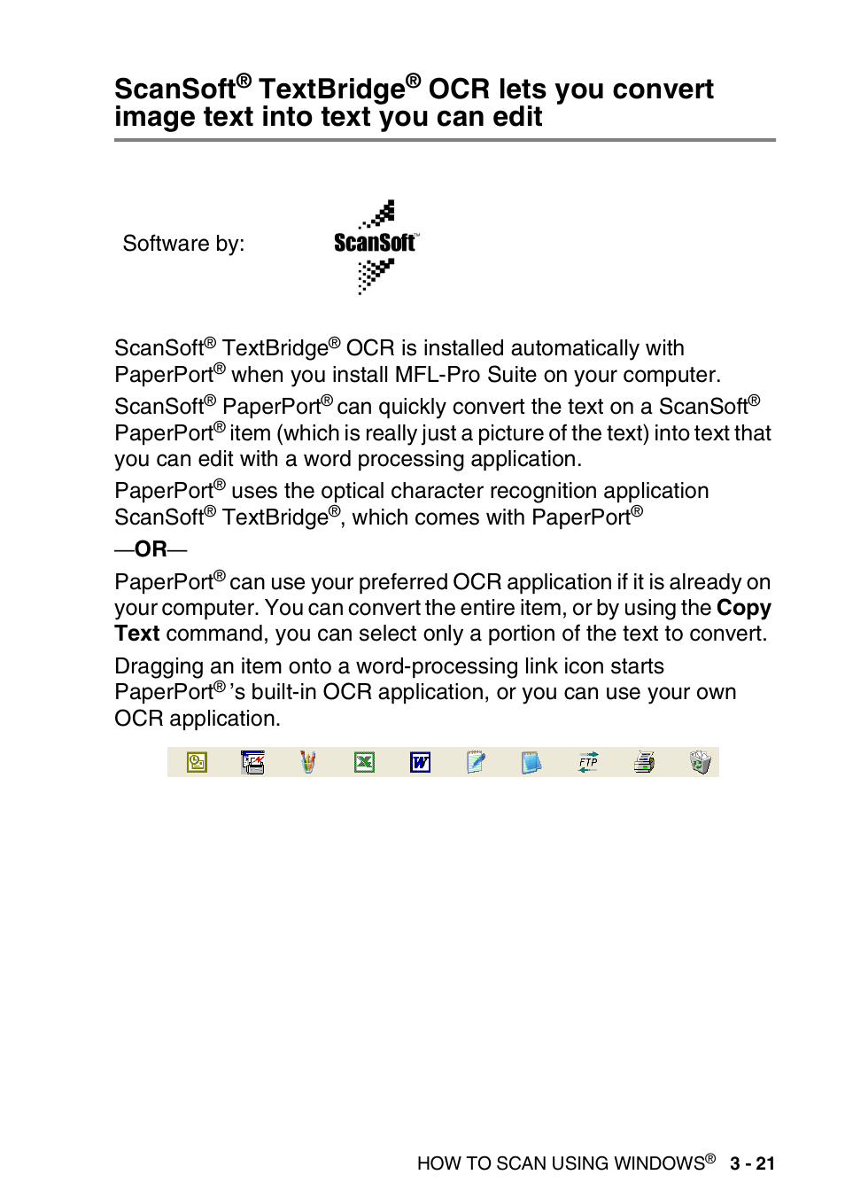 Scansoft, Textbridge, Ocr lets you convert image | Text into text you can edit -21 | Brother MFC 8220 User Manual | Page 65 / 198