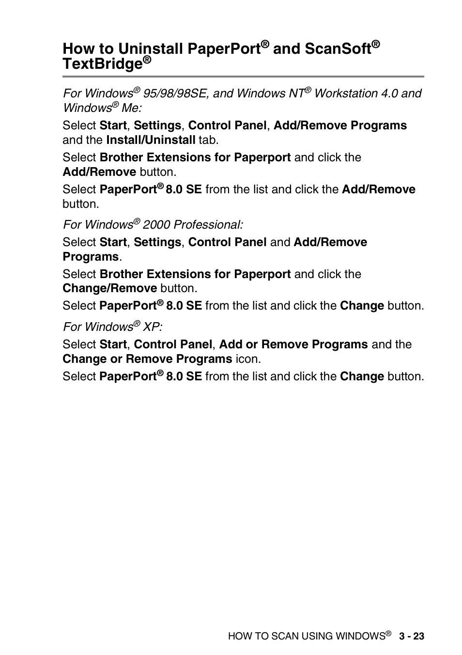 How to uninstall paperport, Scansoft, Textbridge | And scansoft | Brother MFC 8220 User Manual | Page 67 / 198