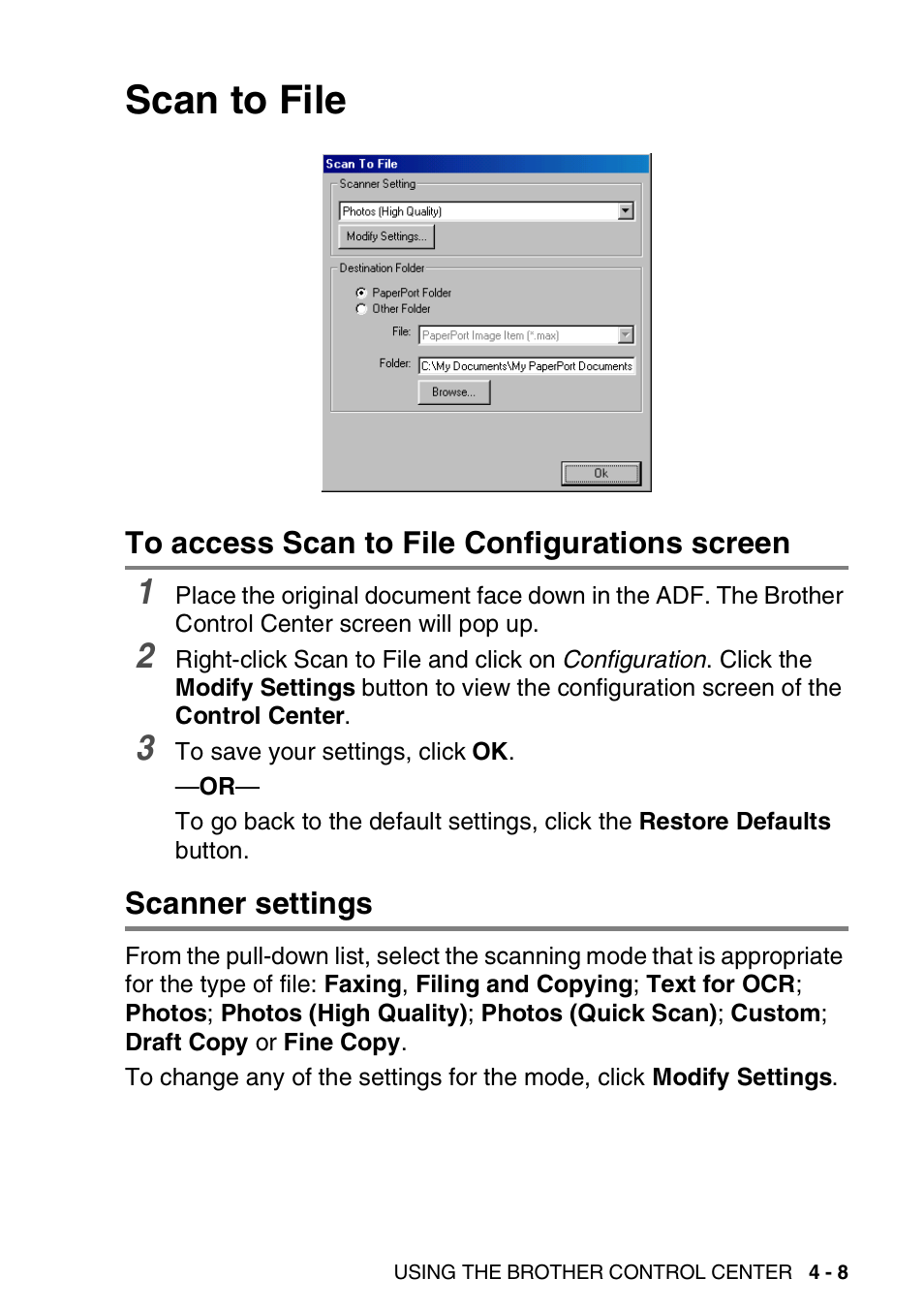 Scan to file, To access scan to file configurations screen, Scanner settings | Scan to file -8 | Brother MFC 8220 User Manual | Page 75 / 198