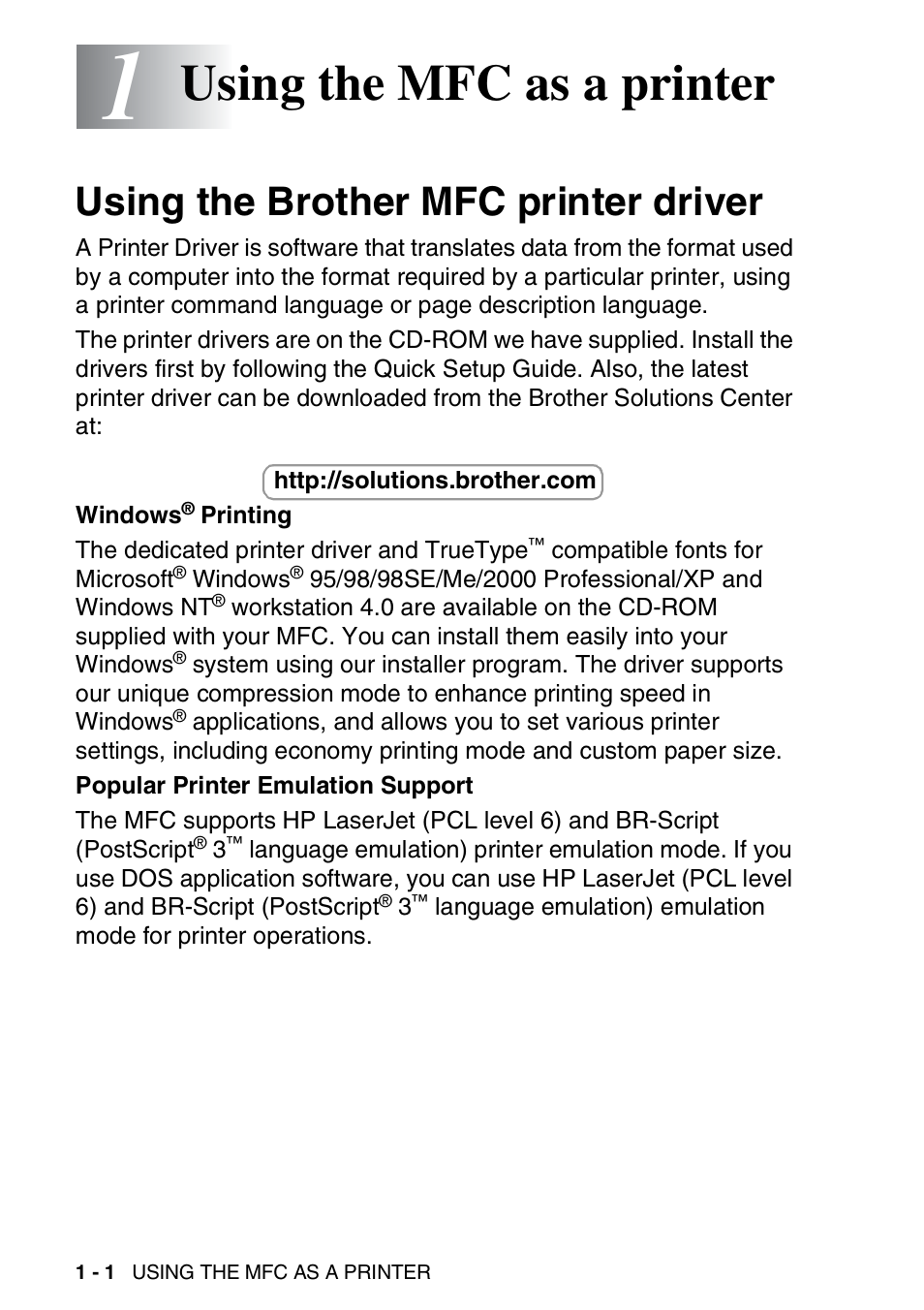 1 using the mfc as a printer, Using the brother mfc printer driver, Using the mfc as a printer -1 | Using the brother mfc printer driver -1, Using the mfc as a printer | Brother MFC 8220 User Manual | Page 8 / 198