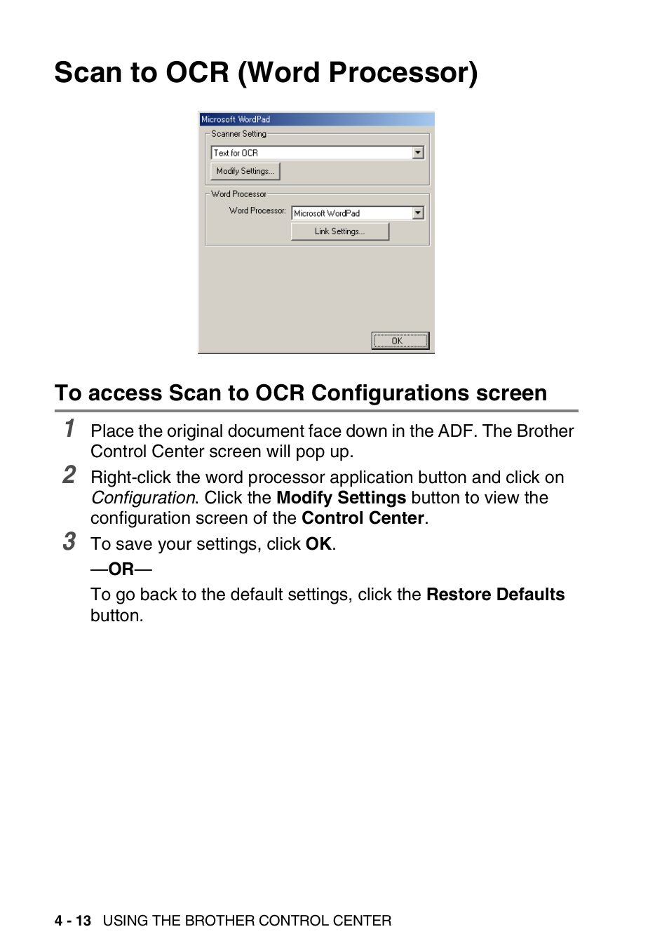 Scan to ocr (word processor), To access scan to ocr configurations screen, Scan to ocr (word processor) -13 | To access scan to ocr configurations screen -13 | Brother MFC 8220 User Manual | Page 80 / 198