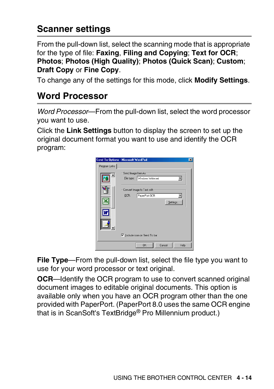Scanner settings, Word processor, Scanner settings -14 word processor -14 | Brother MFC 8220 User Manual | Page 81 / 198