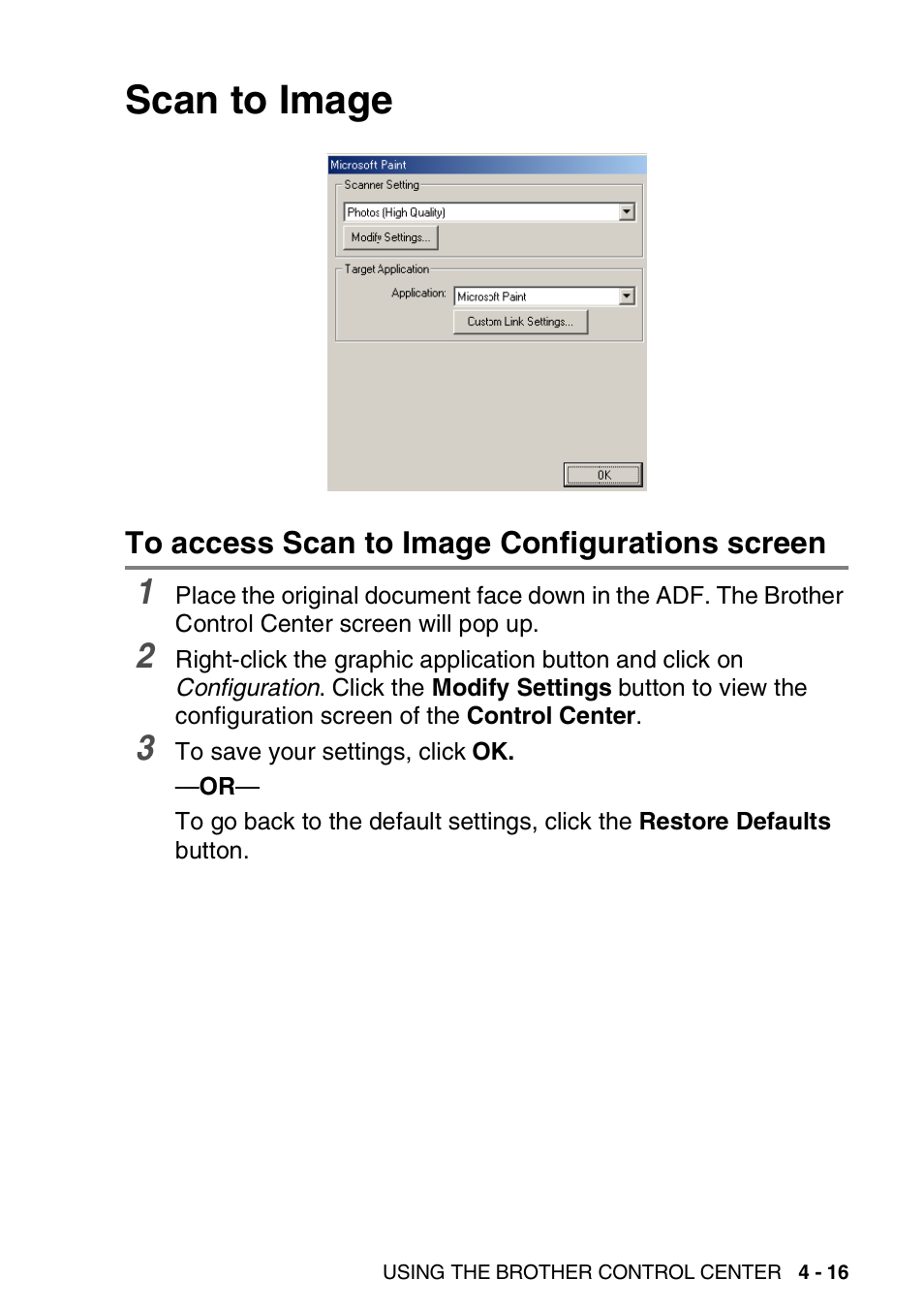 Scan to image, To access scan to image configurations screen, Scan to image -16 | To access scan to image configurations screen -16 | Brother MFC 8220 User Manual | Page 83 / 198