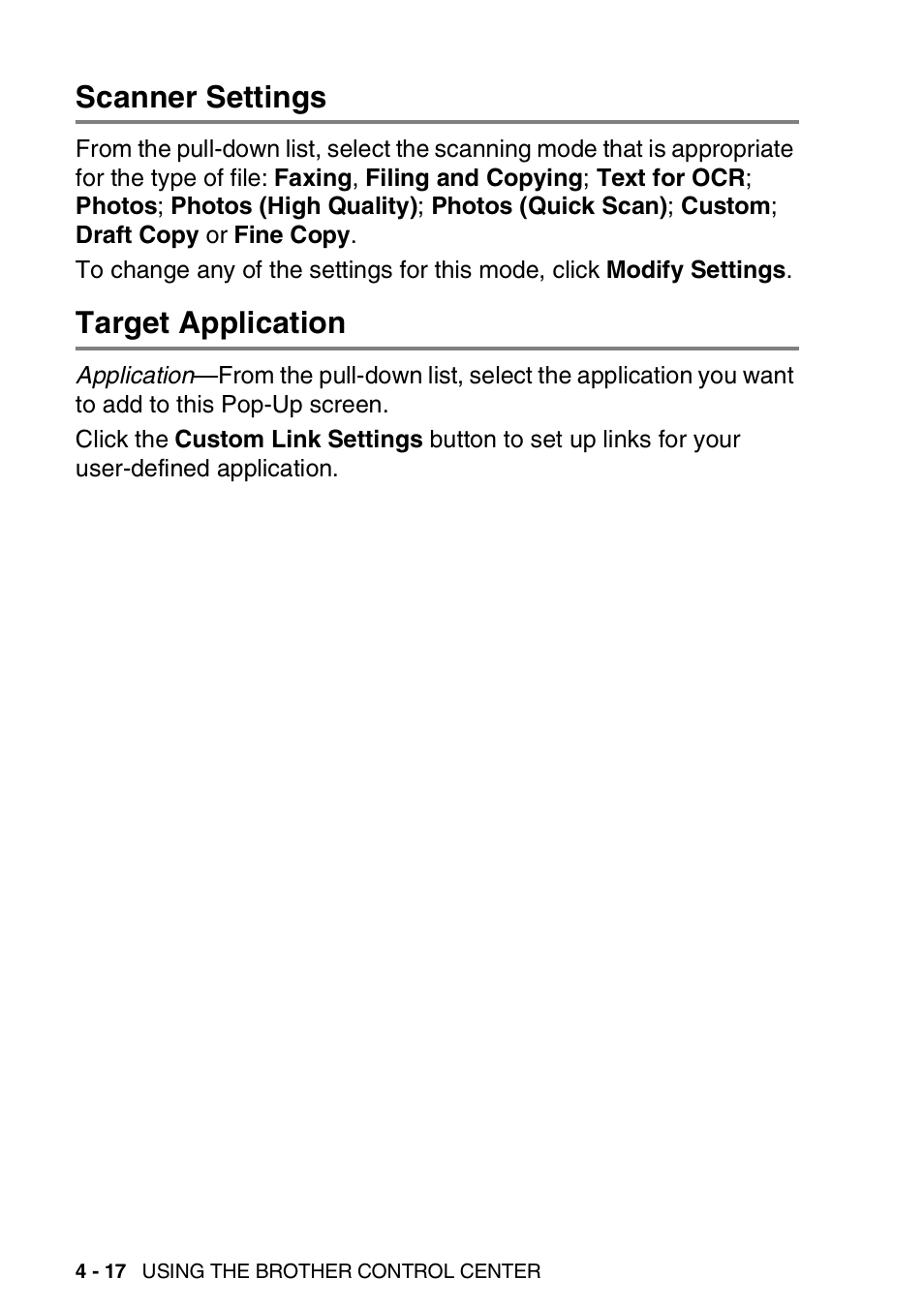 Scanner settings, Target application, Scanner settings -17 target application -17 | Brother MFC 8220 User Manual | Page 84 / 198