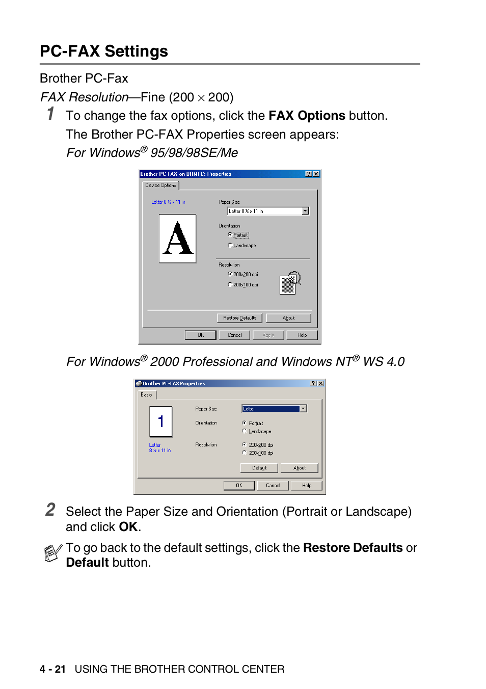 Pc-fax settings, Pc-fax settings -21 | Brother MFC 8220 User Manual | Page 88 / 198