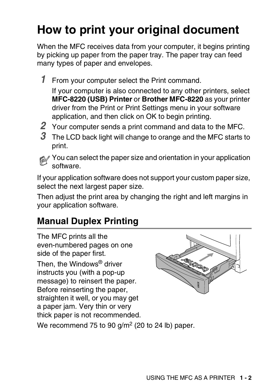 How to print your original document, Manual duplex printing, How to print your original document -2 | Manual duplex printing -2 | Brother MFC 8220 User Manual | Page 9 / 198