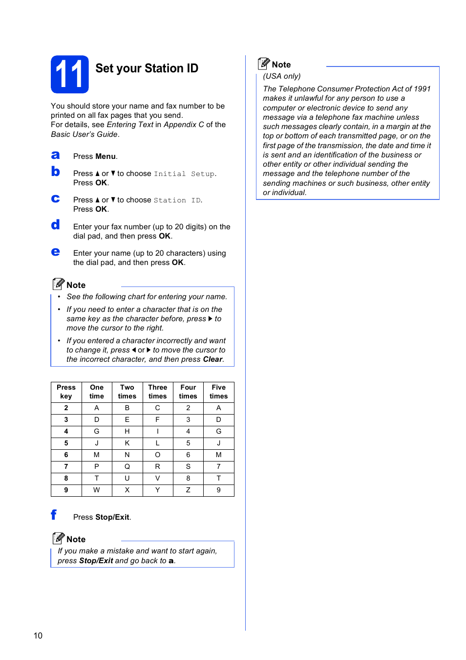 11 set your station id, Set your station id | Brother MFC-J430W User Manual | Page 10 / 36