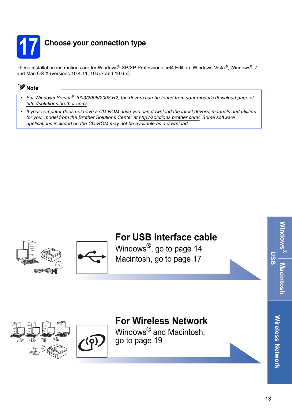 17 choose your connection type, For usb interface cable, For wireless network | Windows, Go to page 14 macintosh, go to page 17, And macintosh, go to page 19, Choose your connection type | Brother MFC-J430W User Manual | Page 13 / 36