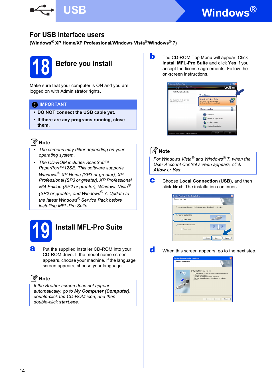 18 before you install, 19 install mfl-pro suite, Windows | For usb interface users, Before you install, Install mfl-pro suite | Brother MFC-J430W User Manual | Page 14 / 36