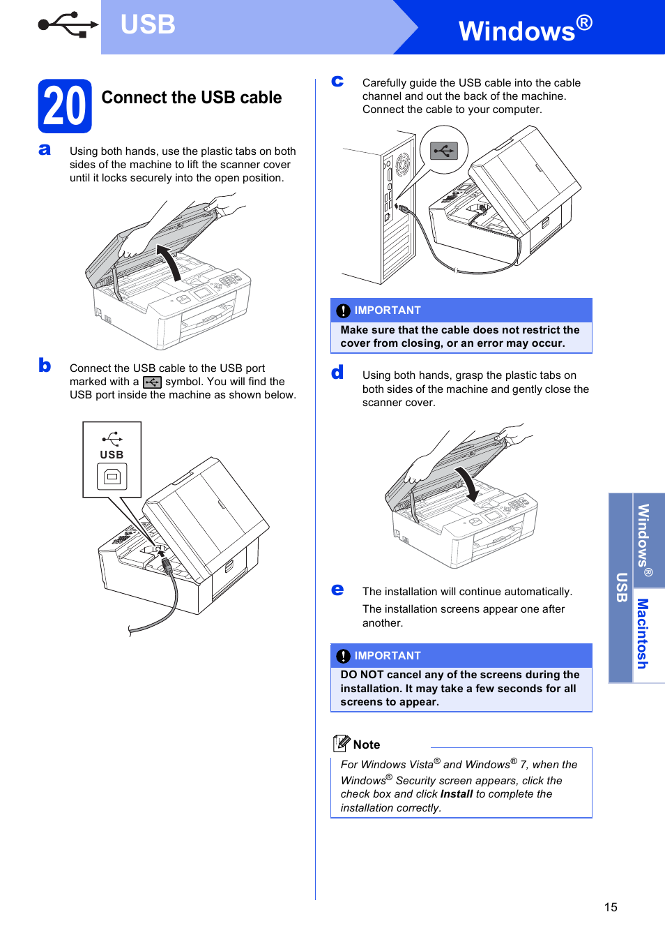 20 connect the usb cable, Windows, Connect the usb cable | Brother MFC-J430W User Manual | Page 15 / 36