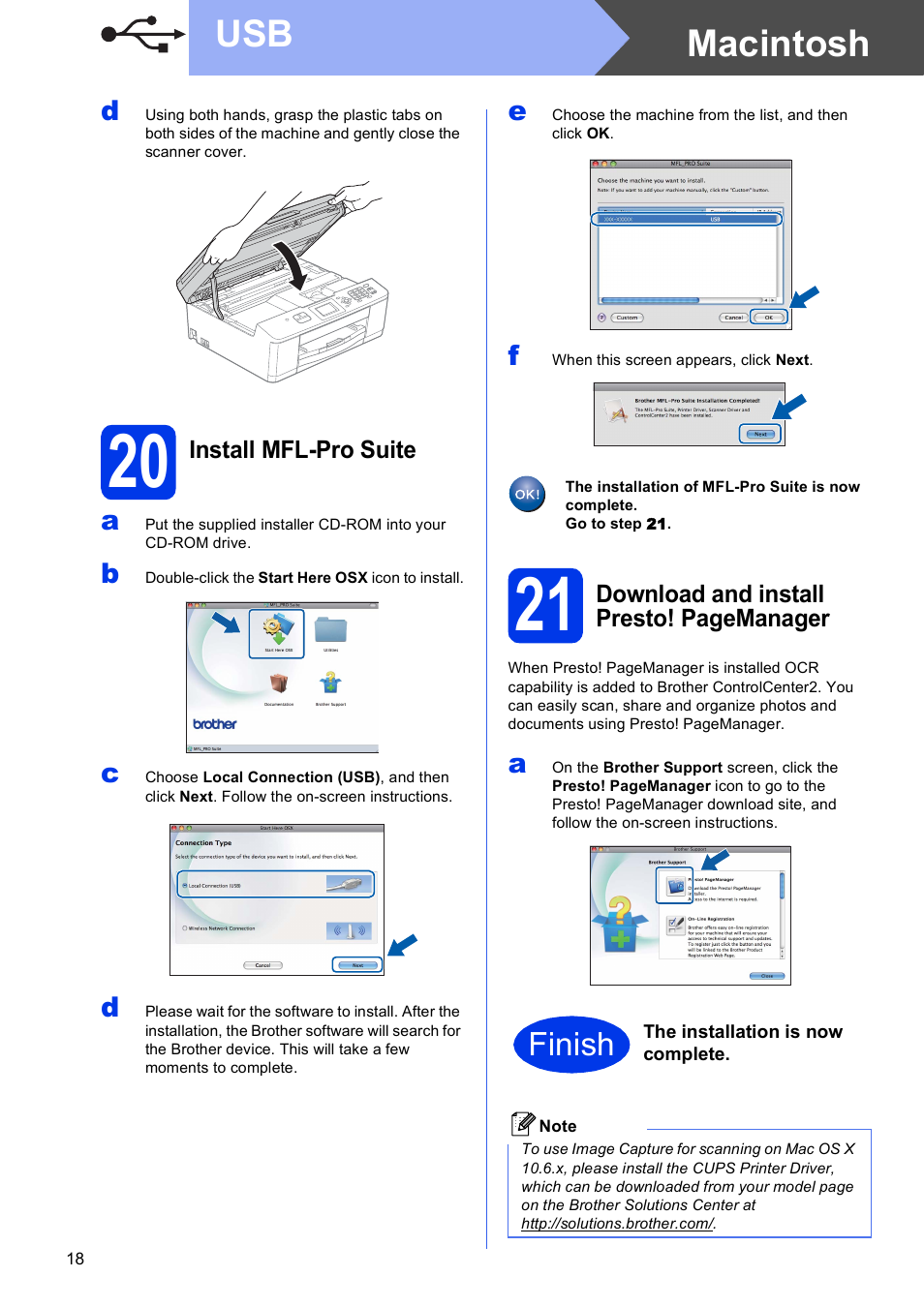 20 install mfl-pro suite, Macintosh usb, Finish | Brother MFC-J430W User Manual | Page 18 / 36