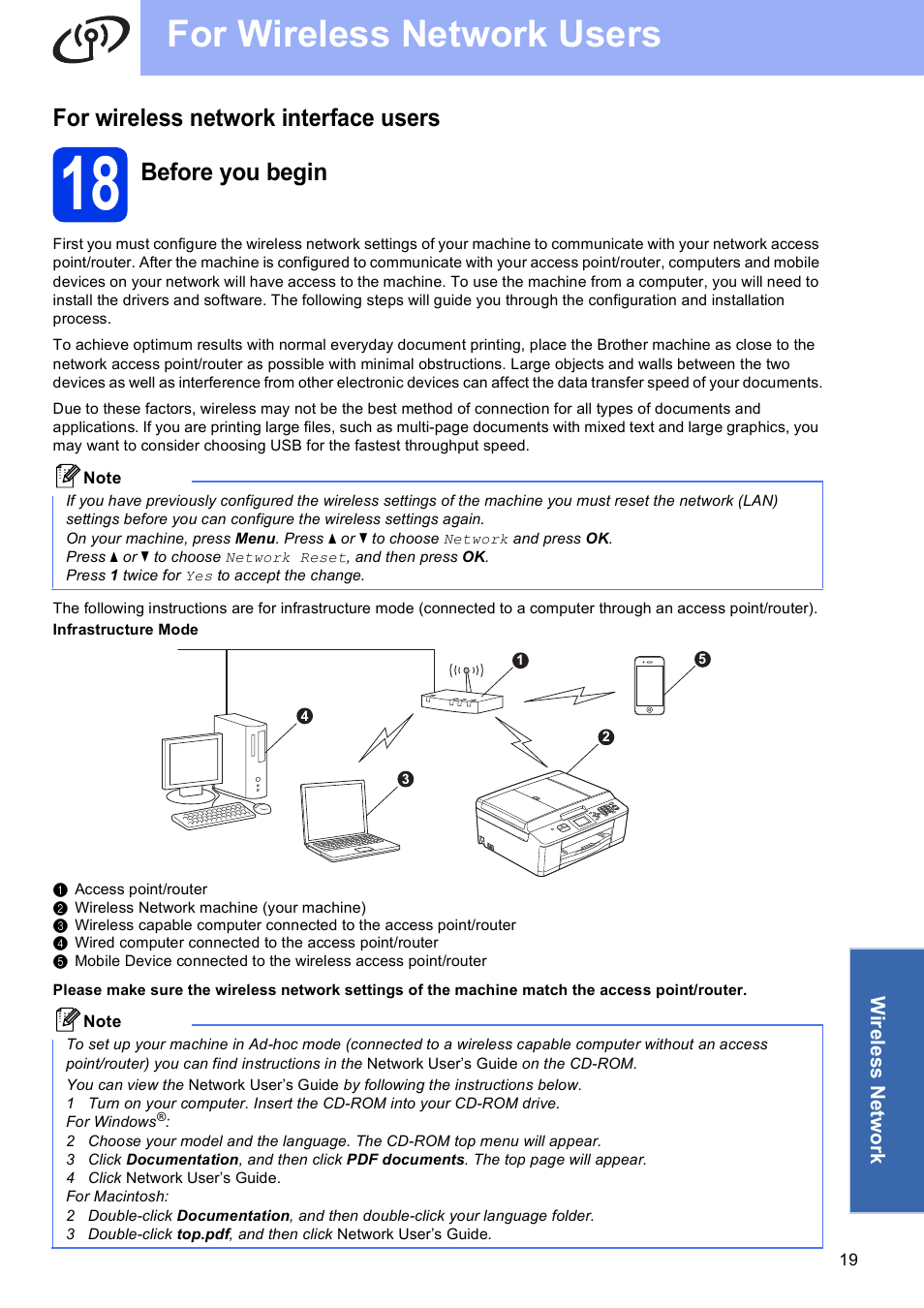 For wireless network interface users, 18 before you begin, For wireless network users | Before you begin | Brother MFC-J430W User Manual | Page 19 / 36