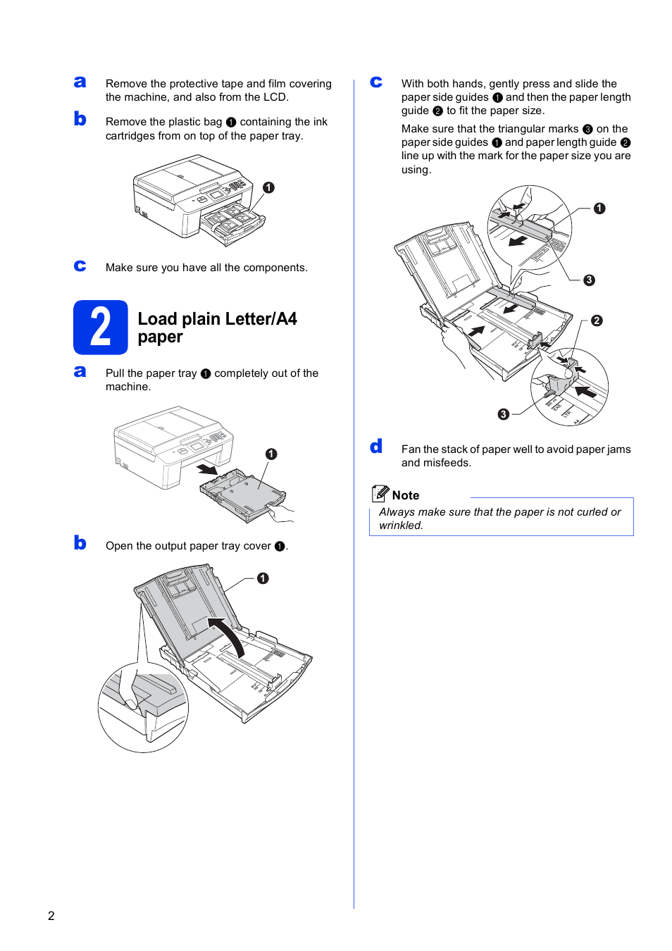 2 load plain letter/a4 paper, Load plain letter/a4 paper | Brother MFC-J430W User Manual | Page 2 / 36