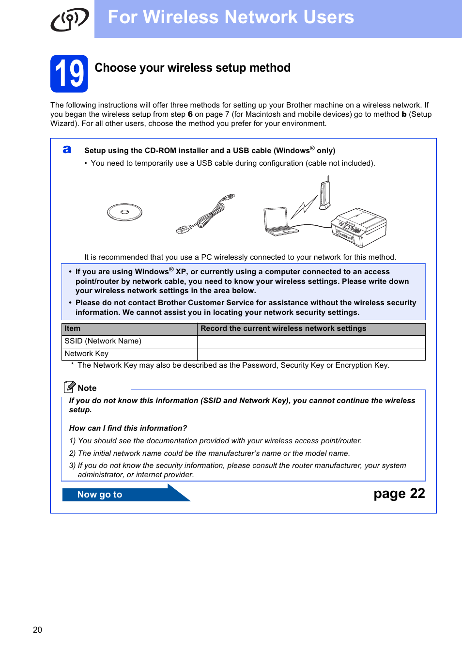 19 choose your wireless setup method, For wireless network users, Page 22 | Choose your wireless setup method | Brother MFC-J430W User Manual | Page 20 / 36