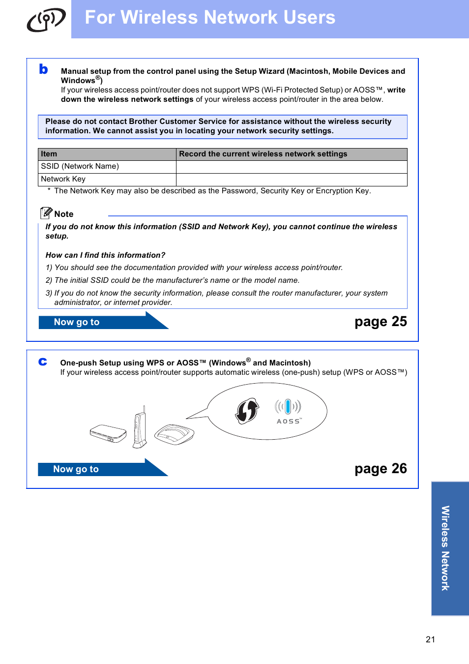 For wireless network users, Page 25 c, Page 26 | Brother MFC-J430W User Manual | Page 21 / 36