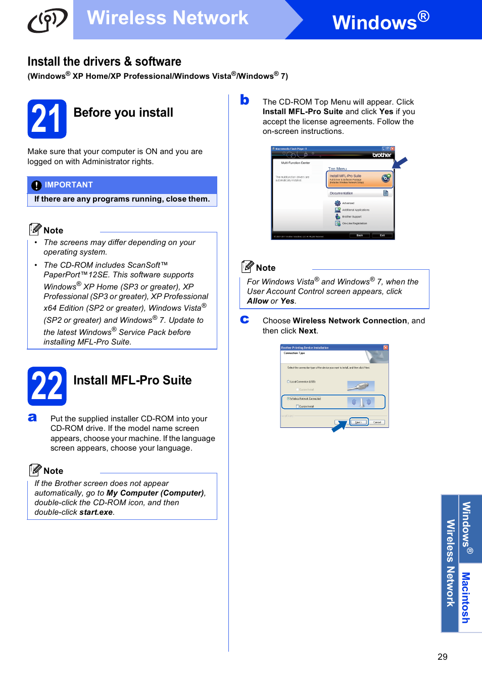 21 before you install, 22 install mfl-pro suite, Windows | Wireless network, Install the drivers & software, Before you install, Install mfl-pro suite | Brother MFC-J430W User Manual | Page 29 / 36