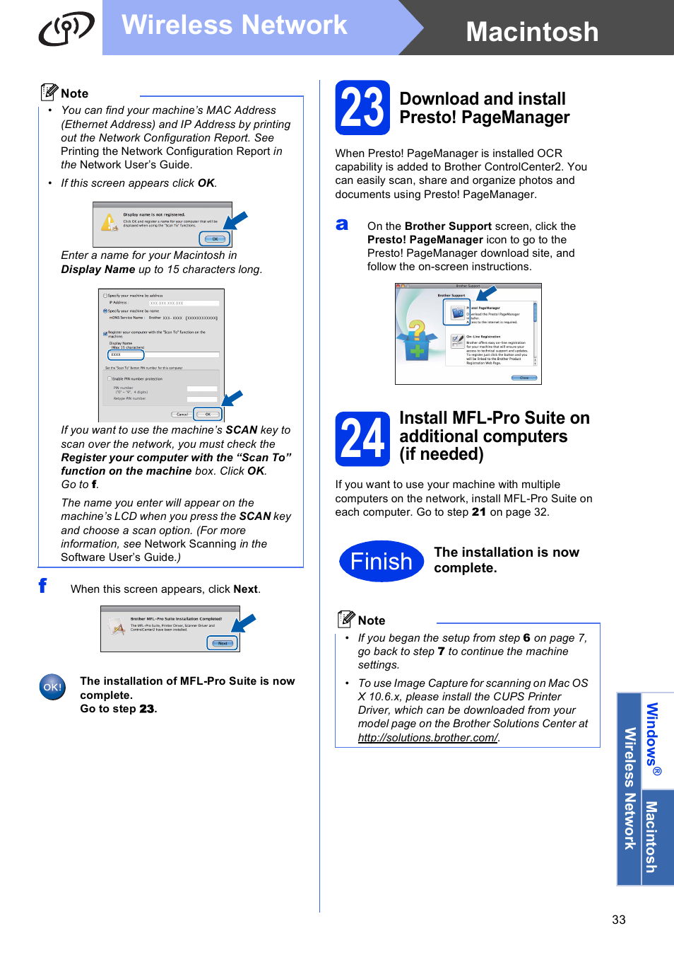 Macintosh wireless network, Finish, Download and install presto! pagemanager | Brother MFC-J430W User Manual | Page 33 / 36