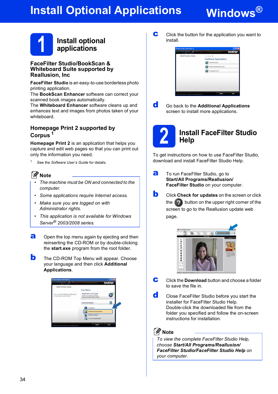 Install optional applications windows, 1 install optional applications, 2 install facefilter studio help | Windows, Install optional applications | Brother MFC-J430W User Manual | Page 34 / 36