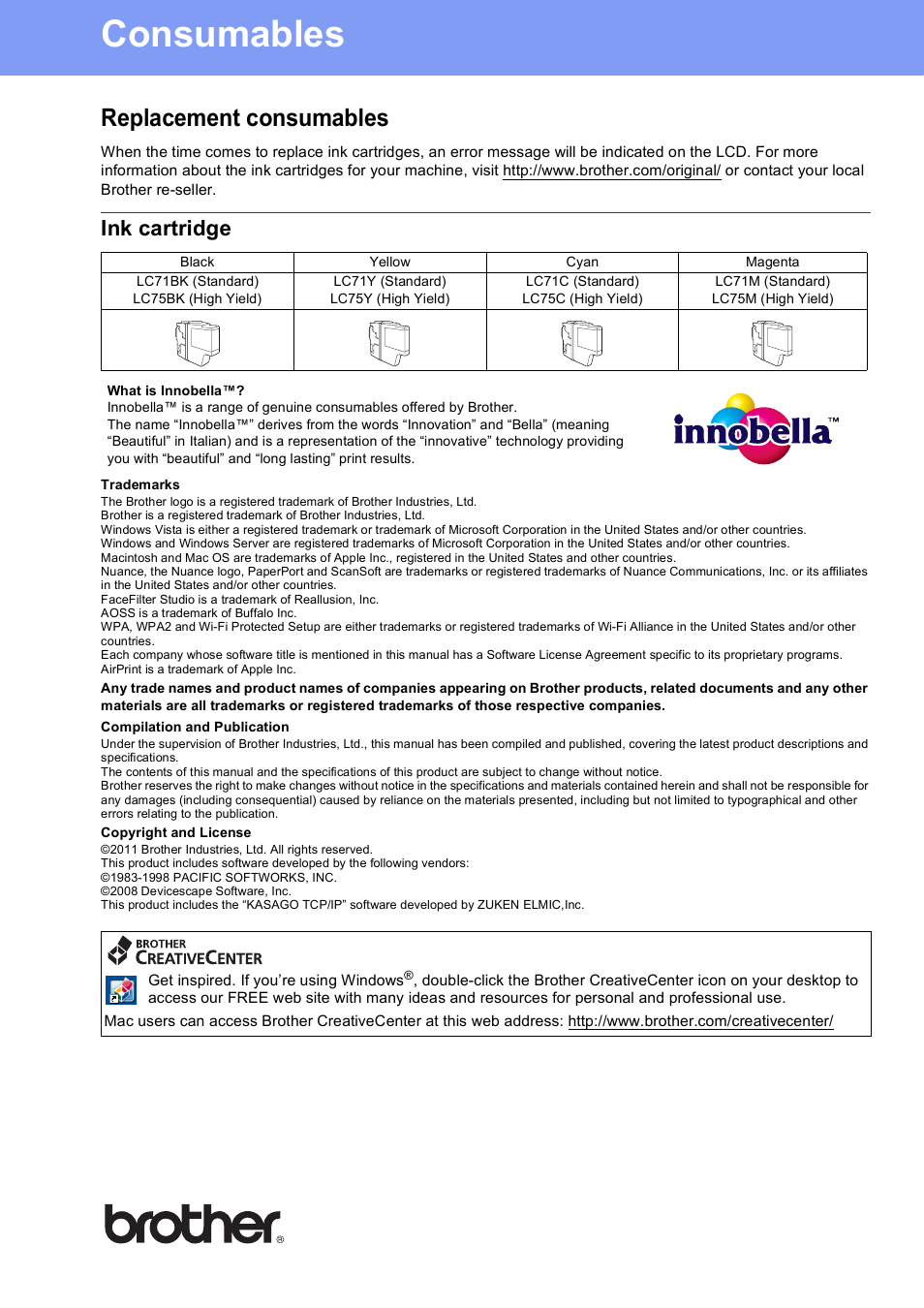 Consumables, Replacement consumables, Ink cartridge | Brother usa/can | Brother MFC-J430W User Manual | Page 36 / 36