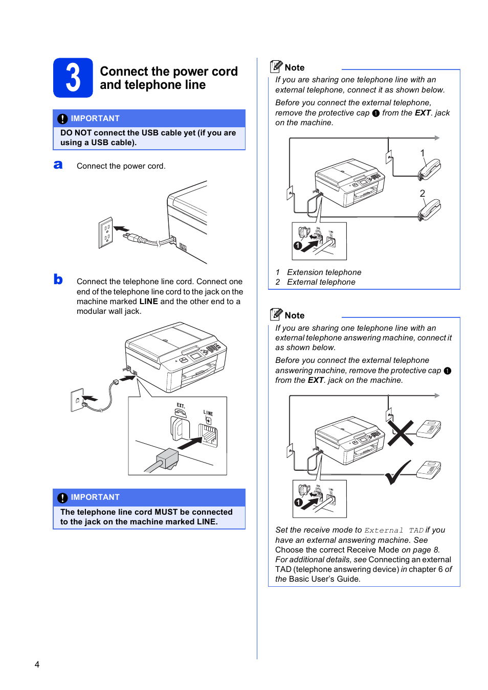 3 connect the power cord and telephone line, Connect the power cord and telephone line | Brother MFC-J430W User Manual | Page 4 / 36