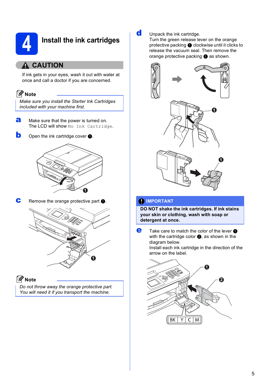 4 install the ink cartridges, Install the ink cartridges | Brother MFC-J430W User Manual | Page 5 / 36