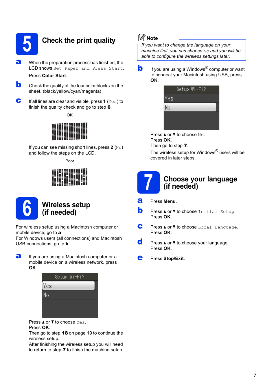 5 check the print quality, 6 wireless setup (if needed), 7 choose your language (if needed) | Brother MFC-J430W User Manual | Page 7 / 36