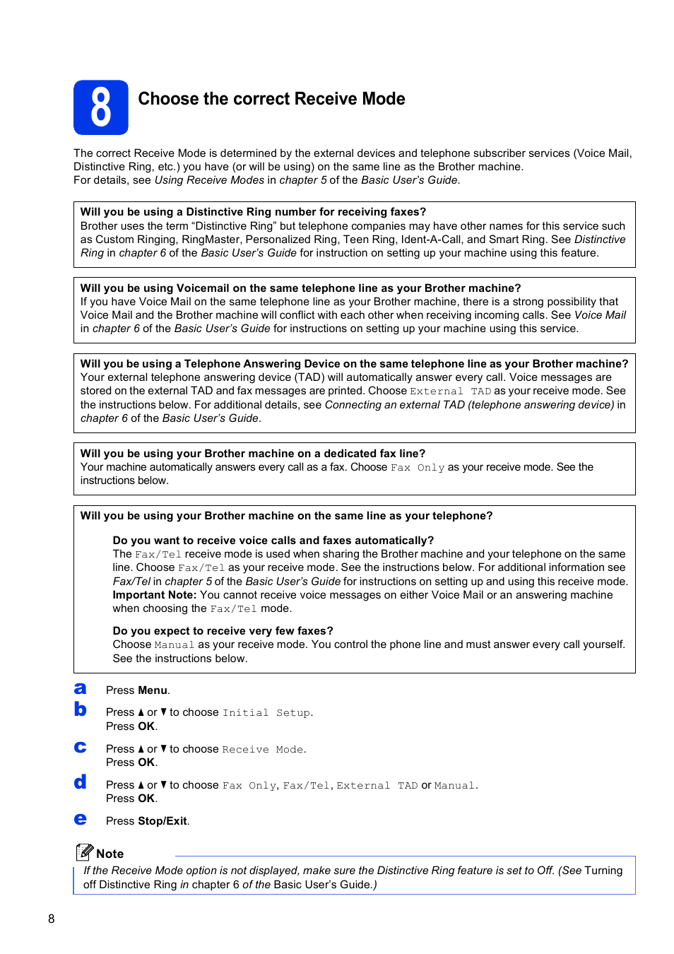 8 choose the correct receive mode, Choose the correct receive mode | Brother MFC-J430W User Manual | Page 8 / 36