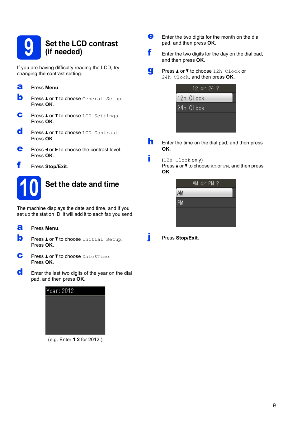 9 set the lcd contrast (if needed), 10 set the date and time | Brother MFC-J430W User Manual | Page 9 / 36
