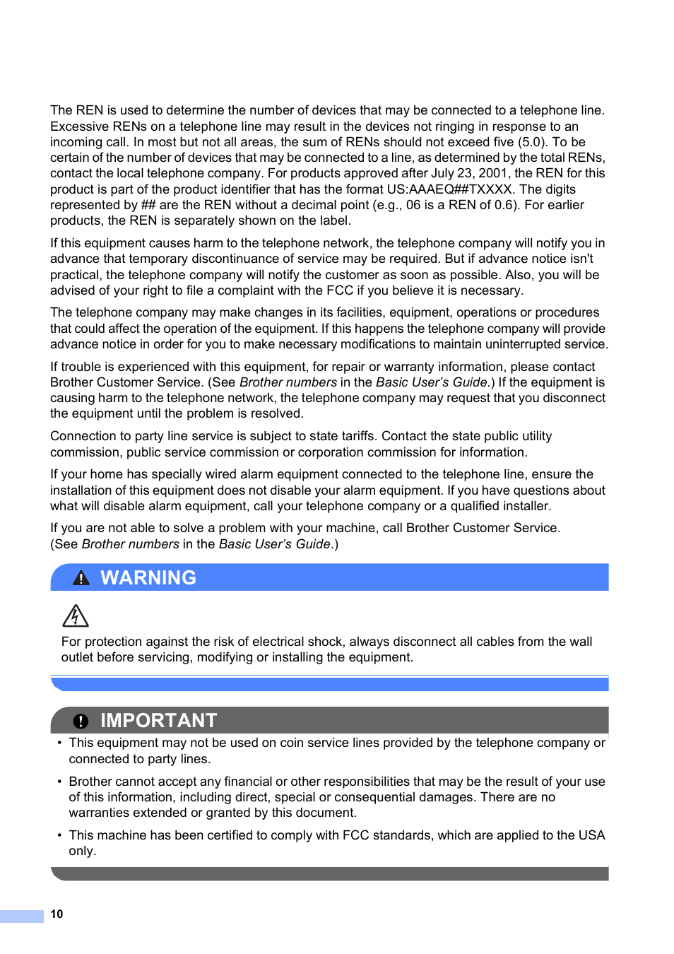 Warning, Important | Brother MFC-J280W User Manual | Page 10 / 16