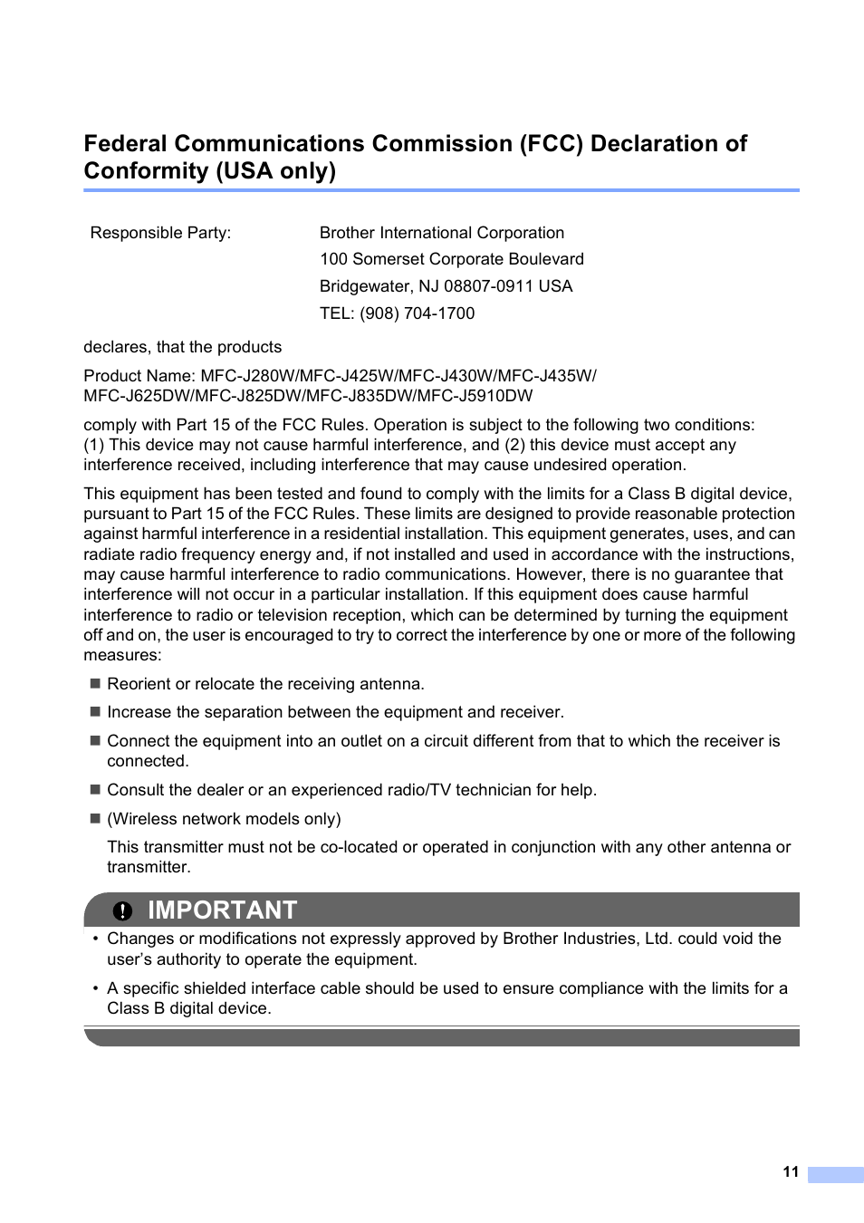 Important | Brother MFC-J280W User Manual | Page 11 / 16