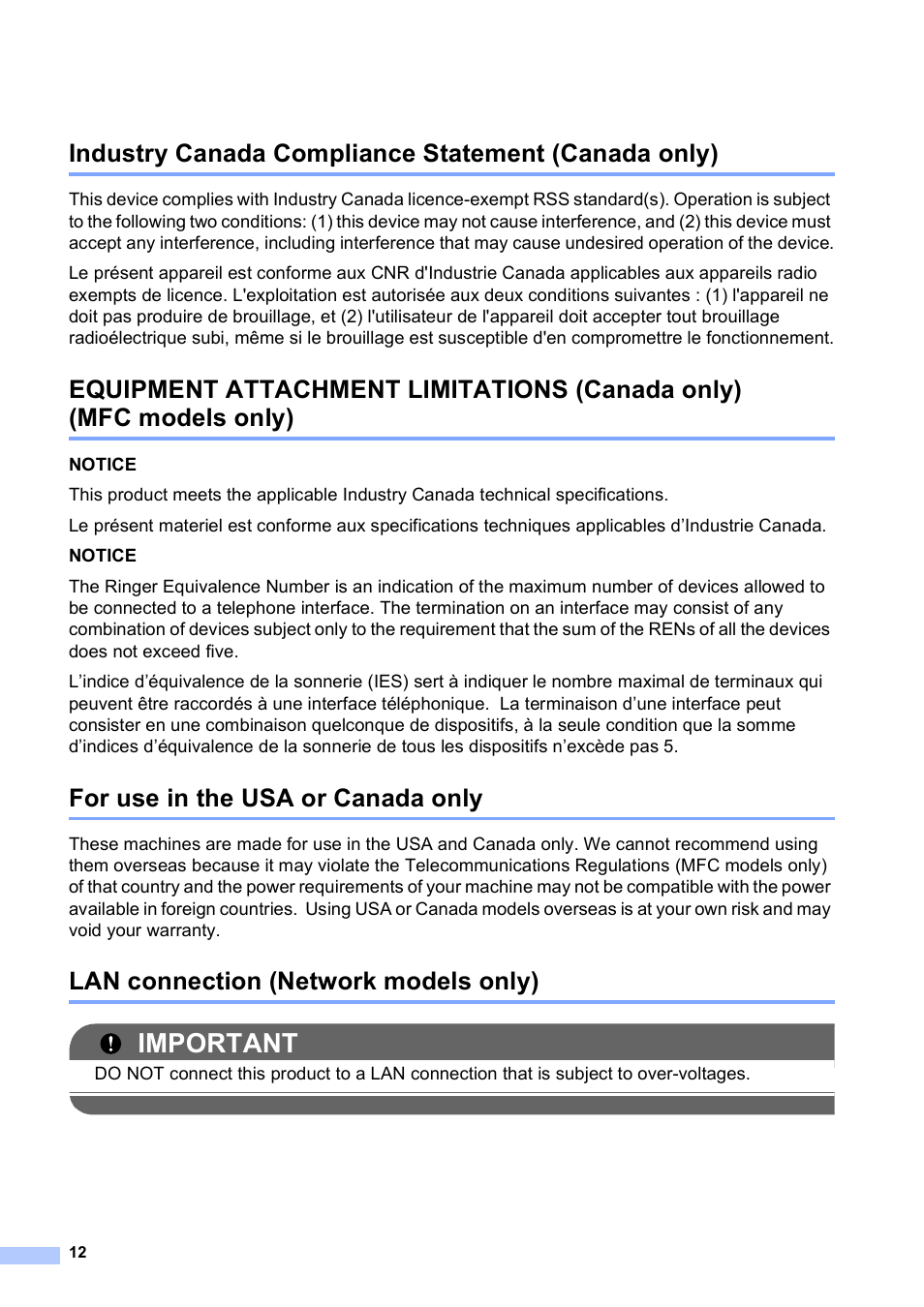 Industry canada compliance statement (canada only), For use in the usa or canada only, Lan connection (network models only) | Important | Brother MFC-J280W User Manual | Page 12 / 16