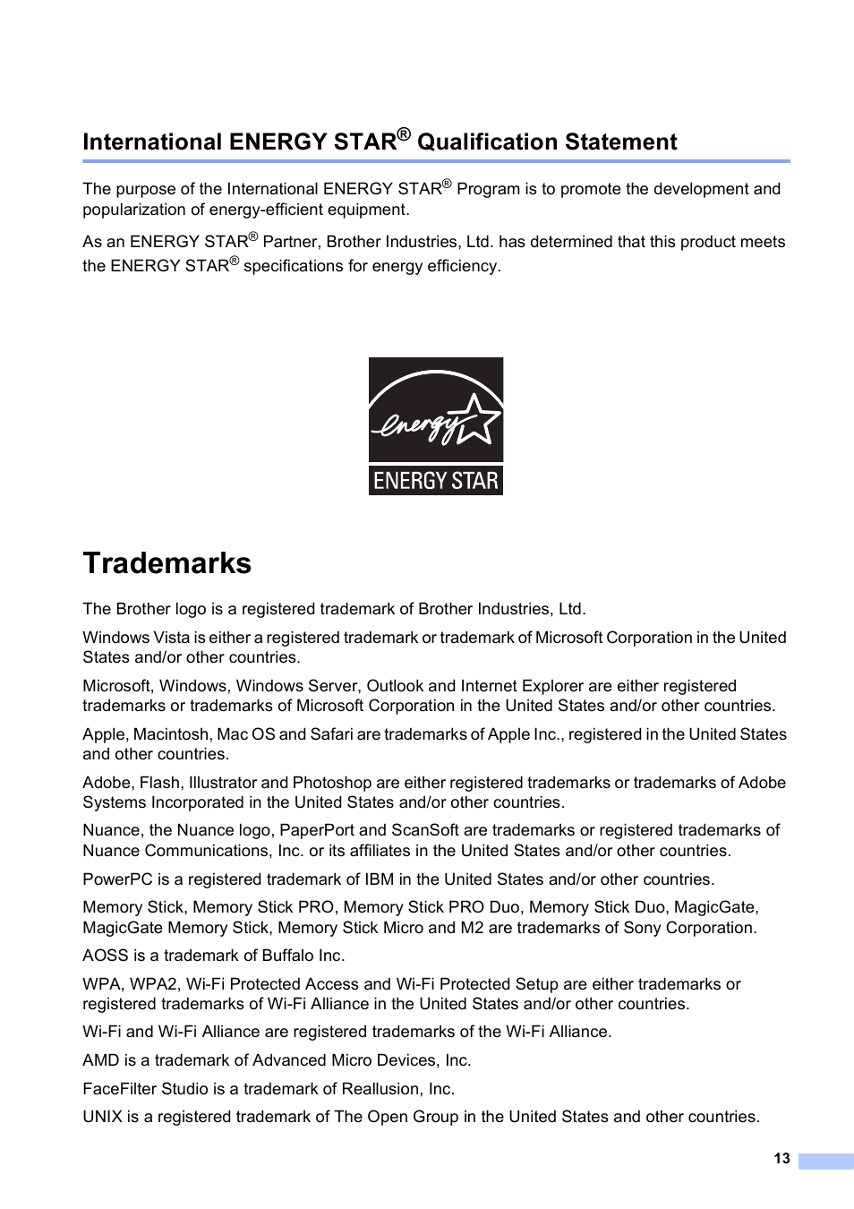 International energy star® qualification statement, Trademarks, International energy star | Qualification statement | Brother MFC-J280W User Manual | Page 13 / 16