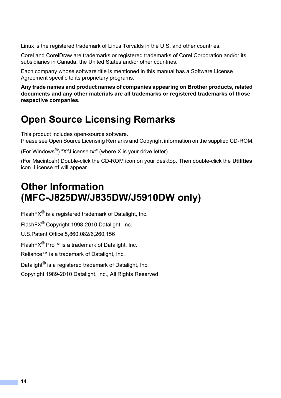 Open source licensing remarks, Other information (mfc-j825dw/j835dw/j5910dw only) | Brother MFC-J280W User Manual | Page 14 / 16