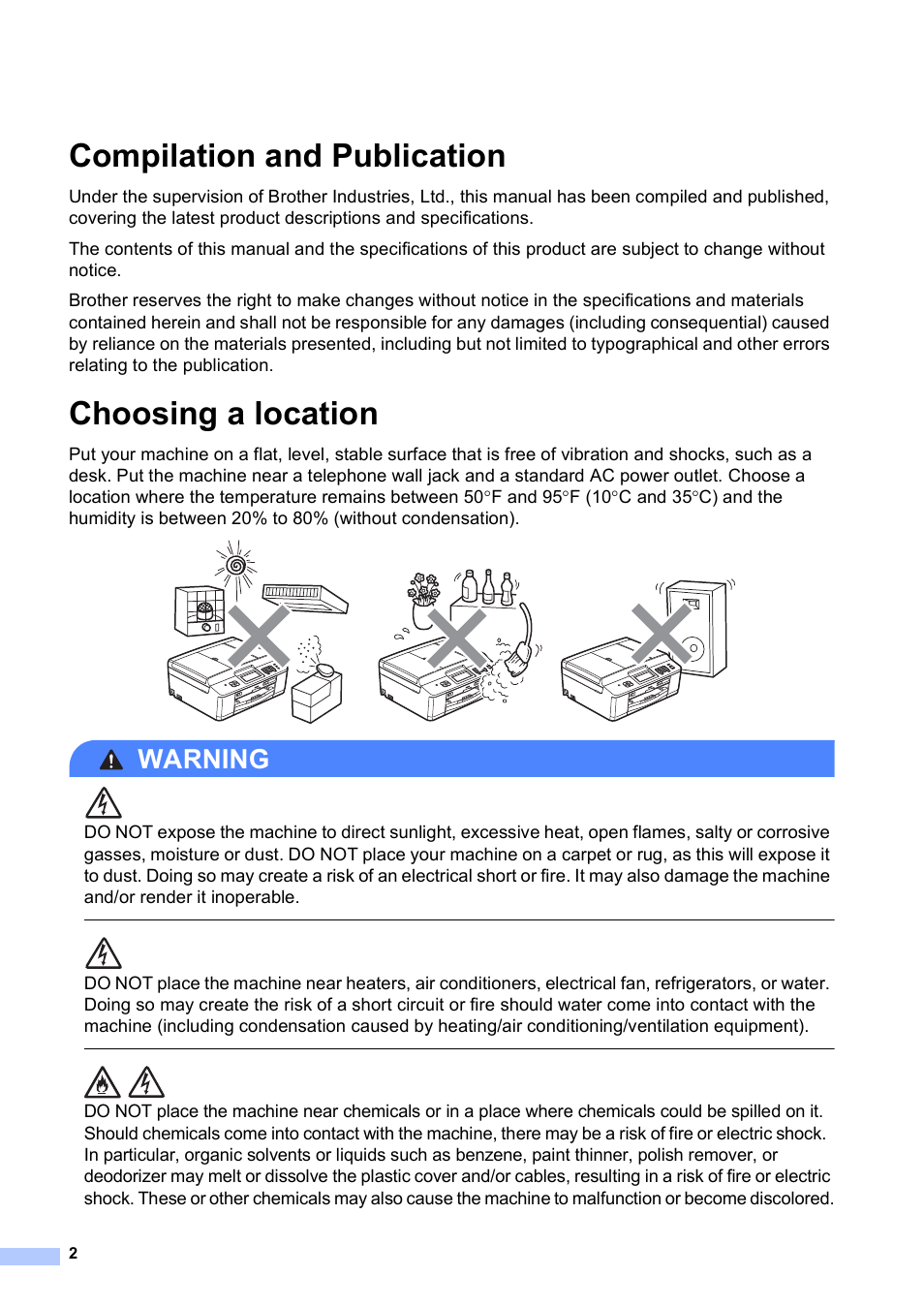 Compilation and publication, Choosing a location, Warning | Brother MFC-J280W User Manual | Page 2 / 16