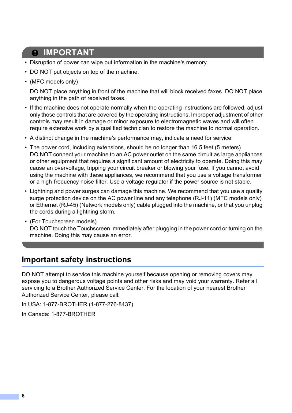 Important safety instructions, Important | Brother MFC-J280W User Manual | Page 8 / 16